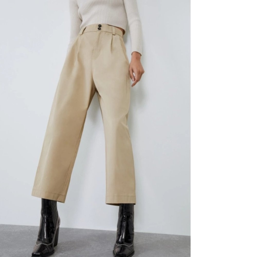 ZARA Women's Size Medium Light Beige Wide Leg Technical Fabric Trousers Pants M